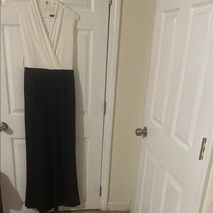 Navy blue  and beige Sheath Jumpsuit with Plunge Neckline and wide legs